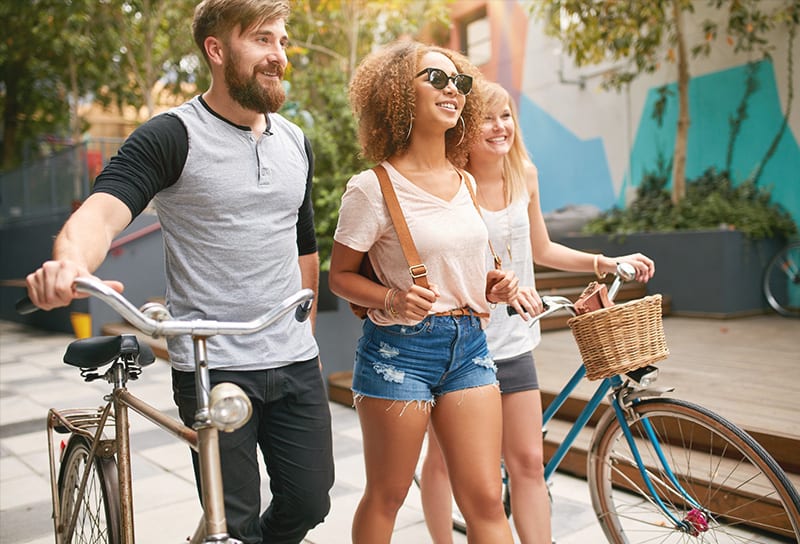 Students getting fresh air walking and biking